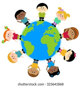 Diverse Group Of Children Around The Earth Globe. Vector Illustration