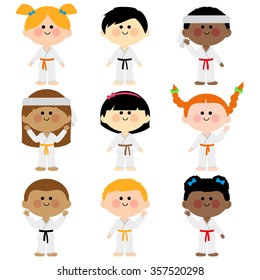 Diverse group of children athletes with martial arts uniforms. Vector illustration