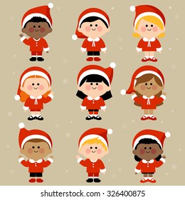 Diverse group of children in Christmas Santa Claus costumes. Vector illustration