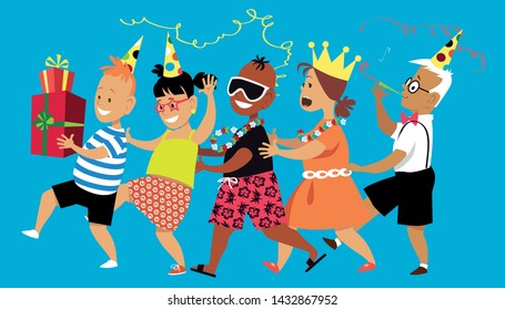 Diverse Group Of Children Dancing A Conga Line, Celebrating A Birthday, EPS 8 Vector Illustration