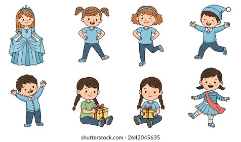 Diverse Group of Children Engaging in Various Activities with Different Poses and Expressions