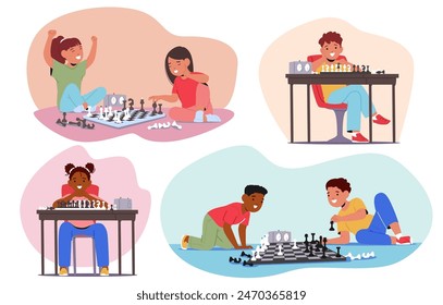 Diverse Group Of Children Engrossed In Playing Chess. Vector Scenes With Kids Concentrating, Strategizing And Enjoying The Game, Showcasing Emotions From Joy To Deep Thought Across Different Backdrops