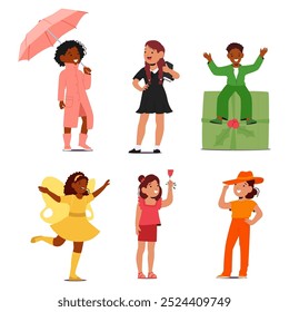 Diverse Group Of Children Expressing Joy And Creativity In Colorful Outfits. Each Child Displays Unique Style And Color Reflecting Individuality And Imagination For Themes Of Childhood And Celebration