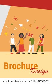 Diverse group of children in kindergarten. Team of African American, Asian, Caucasian boys and girls standing together. Vector illustration for international school, classmates, friendship concept