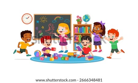 Diverse Group of Children Learning and Playing Together in Classroom Illustration
