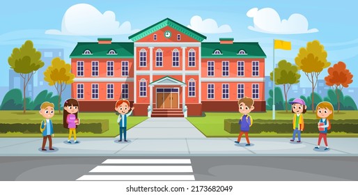 A diverse group of children near a school building. Happy kids with backpacks and books are happy to start the new school year. Boys and girls go back to school cartoon style vector illustration.