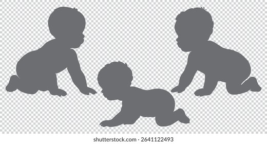 Diverse Group of Children Playing and Crawling in Black Silhouette Style on transparent Background silhouette eps 10