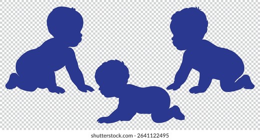 Diverse Group of Children Playing and Crawling in Black Silhouette Style on transparent Background silhouette eps 10