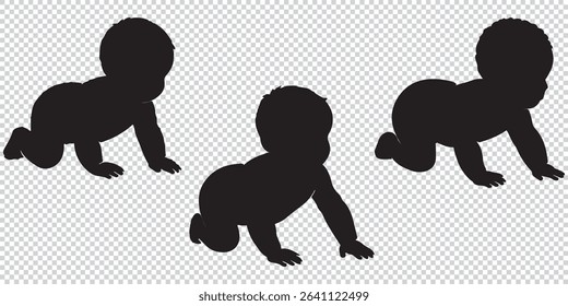 Diverse Group of Children Playing and Crawling in Black Silhouette Style on transparent Background silhouette eps 10