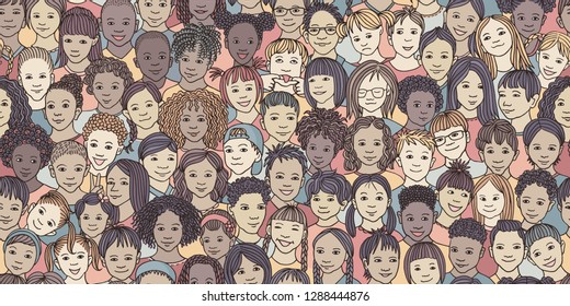 Diverse group of children - seamless banner of 70 different hand drawn kids' faces, kids and teens of diverse ethnicity