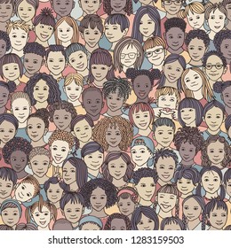 Diverse group of children - seamless pattern of 70 different hand drawn kids' faces, kids and teens of diverse ethnicity