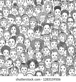 Diverse group of children - seamless pattern of 70 different hand drawn kids' faces, kids and teens of diverse ethnicity