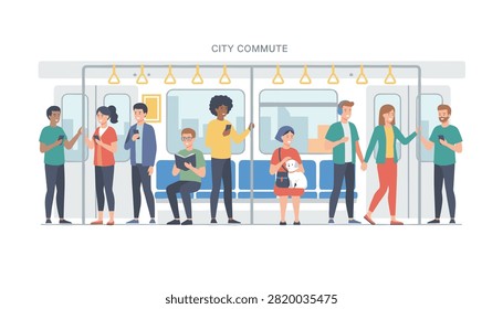 Diverse group of city commuters standing and sitting inside a modern subway train during transit.