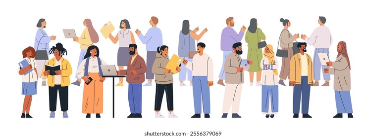 Diverse group collaboration business meeting concept. People engaged in discussions holding laptops and documents in casual attire on a white background