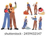 Diverse Group Of Construction Workers In Hardhats And Overalls Use Various Tools Like Hammers, Drills And Shovels. Cartoon Vector Illustration Represents Teamwork, Manual Labor And The Building Trades