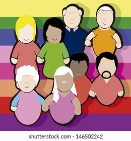 diverse group of couples hand over background with gay pride colors.