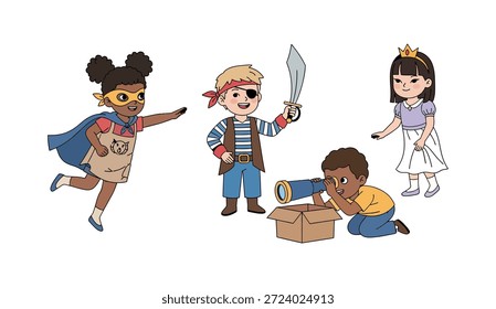 Diverse group of cute children playing dress up and using their imagination.