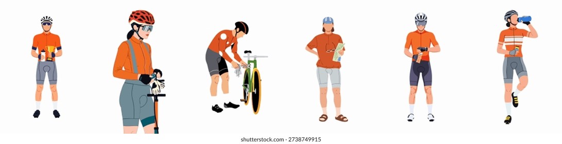 A diverse group of cyclists engaged in pre-race, race, and post-race activities, including bike repair, hydration, nutrition, and victory, flat vector illustration.