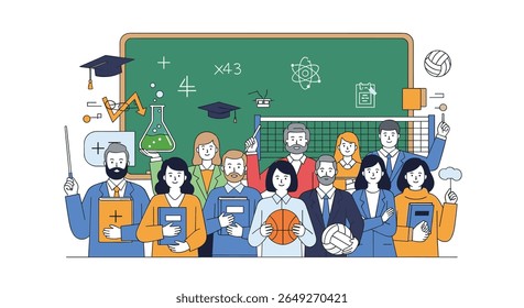Grupo diverso de educadores dedicados em pé orgulhosamente na frente de um quadro-negro de sala de aula preenchido com conhecimento