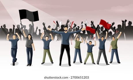 grupo diverso de manifestantes e ativistas se reunindo, levantando as mãos e os punhos em protesto contra o fundo nublado. Foco na justiça social, revolução e movimentos políticos.