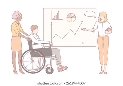 A diverse group discusses data in a professional setting, using assistive technology for better communication