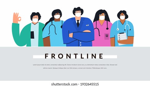 Diverse Group Of Doctors And Nurses With Face Masks. Frontline Coronavirus Fighters Concept Isolated On White. Healthcare Professional Workers Flat Vector Banner. Hospital Staff Cartoon Illustration