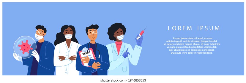 Diverse Group Of Doctors And Nurses With Face Masks. Frontline Coronavirus Fighters Concept Isolated On White. Healthcare Professional Workers Flat Vector Banner. Hospital Staff Cartoon Illustration