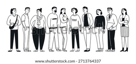 A diverse group of doodle people smiling together. Mixed gender. Happy faces in a group. Teamwork, team building. Vector line illustration