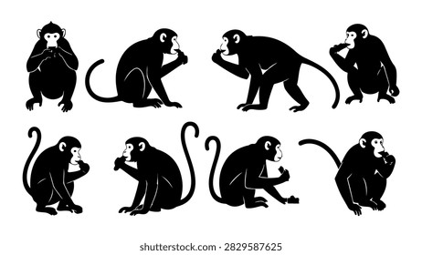 A diverse group of eight monkeys depicted in different poses and activities, showcasing their natural behaviors and physical features.