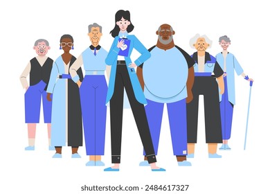 A diverse group of elderly people standing with a doctor, symbolizing healthcare support and medical care for senior citizens. Different ethnicities and genders. Vector flat illustration.