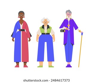 A diverse group of elderly women standing together. Community, diversity, and positive aging, highlighting the active and happy lifestyle of senior women. Elderly care, senior living. Vector. 