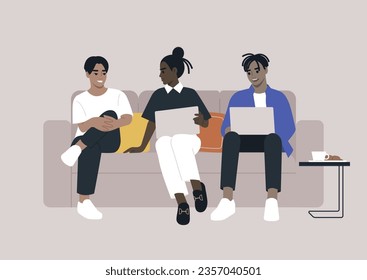 A diverse group of employees engaging in a relaxed and supportive discussion about a project milestone while seated on a sofa, displaying curiosity and camaraderie