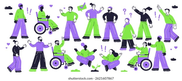 Diverse group engaging in playful activities, featuring people in wheelchairs and expressive gestures. Playful style