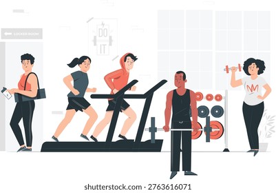 Diverse group engaging in various gym exercises and activities