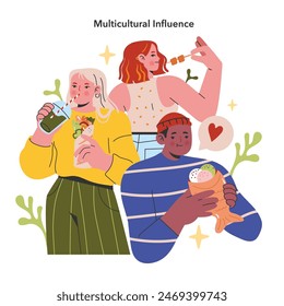 Diverse group enjoying cultural food, showcasing the beauty of multicultural influence. Harmonious blend of traditions and cuisine. Vector illustration.