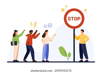 A diverse group is enthusiastically reacting to a classic stop sign, engaging in dynamic conversations, depicted in a colorful vector illustration that captures urban life and interaction