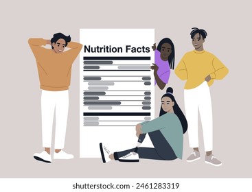 Diverse Group Examining a Giant Food Information Tab, Four individuals engage with a life-size nutrition facts label, symbolizing health awareness