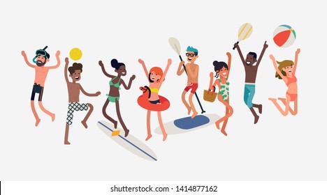 Diverse group of excited multiethnic people ready to have fun on beach wearing swimsuits and various waterside beach sports activities items featuring balls, diving gear, surfboards, paddles and more