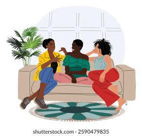 Diverse group of Female friends sitting on comfy sofa, talking. Happy smiling women chatting and relaxing on couch together at cozy home. Colorful flat vector illustration