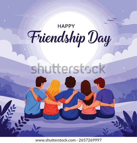 Diverse group of five friends embracing and enjoying a beautiful sunset on friendship day celebration