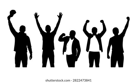 Diverse group of five individuals celebrating achievement with raised hands and joyful expressions, symbolizing teamwork and success.