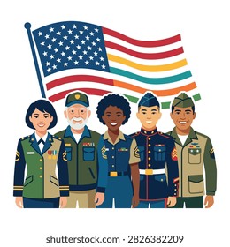 A diverse group of five individuals in military uniforms representing different branches of the US armed forces stand together.