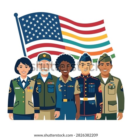 A diverse group of five individuals in military uniforms representing different branches of the US armed forces stand together.