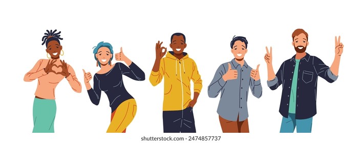 Un grupo diverso de cinco jóvenes de pie juntos, sonriendo y haciendo gestos positivos con las manos. Diversidad de ilustraciones, trabajo en equipo y emociones positivas.