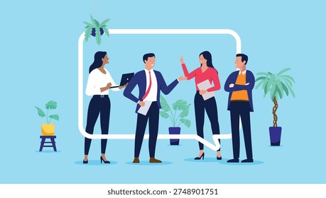 Diverse group of four business professionals having a productive discussion and sharing ideas inside a large white speech bubble frame, flat design vector illustration