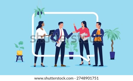 Diverse group of four business professionals having a productive discussion and sharing ideas inside a large white speech bubble frame, flat design vector illustration