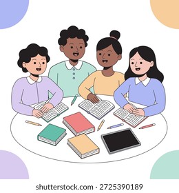 Diverse group of four friendly students gathered around a circular table for a collaborative study session.