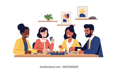 Diverse group of four friends sits at a wooden table playing a board game with cards and game pieces in a cozy room for social leisure and entertainment concepts.