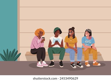 A diverse group of four Gen Z friends hanging out. They wear a mix of trendy streetwear.