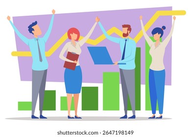 Diverse group of four professionals cheering while celebrating project achievement. Graphs and charts illustrating growth in background